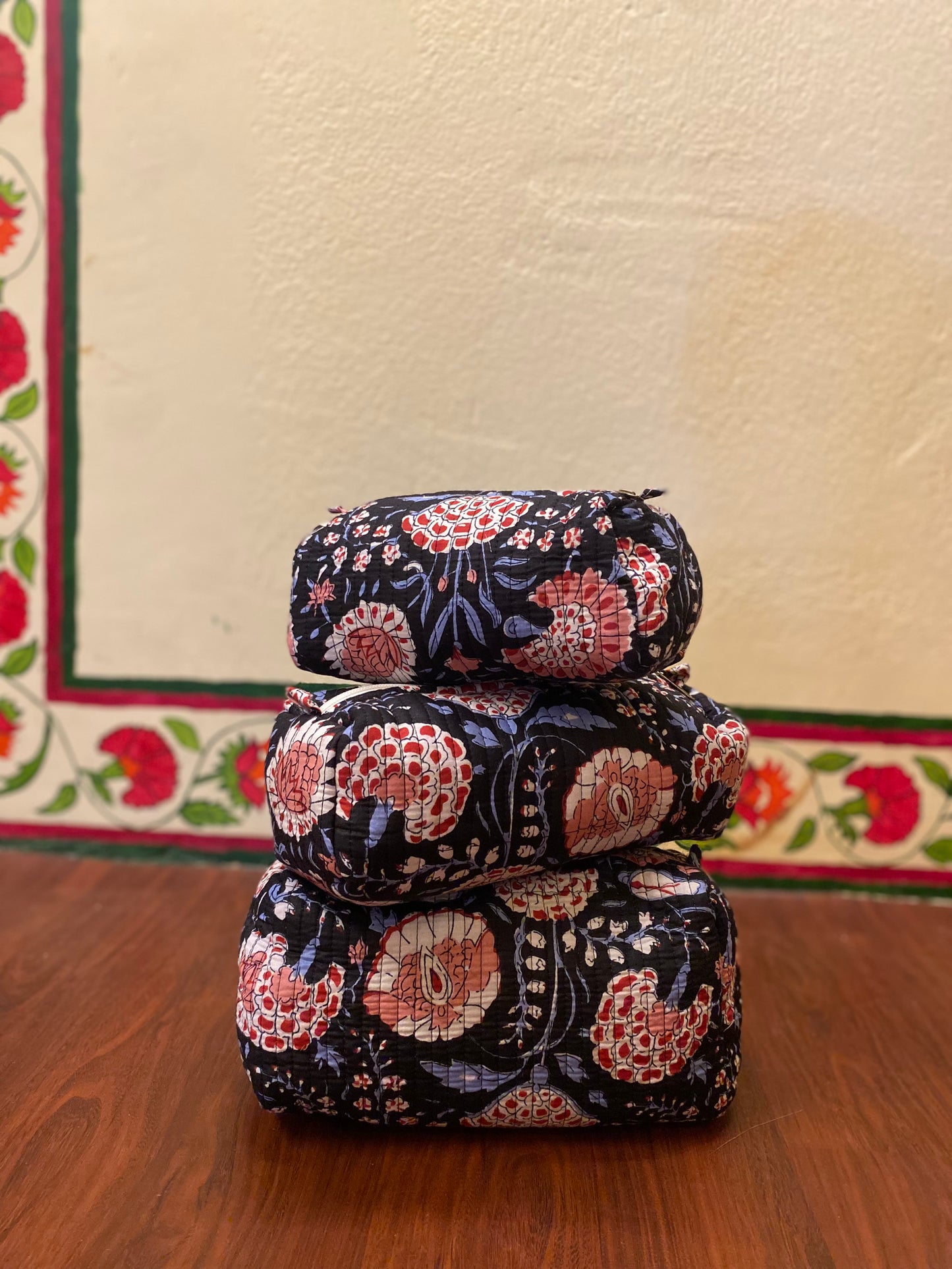 Handblock Quilted Travel Pouches- Set of 3
