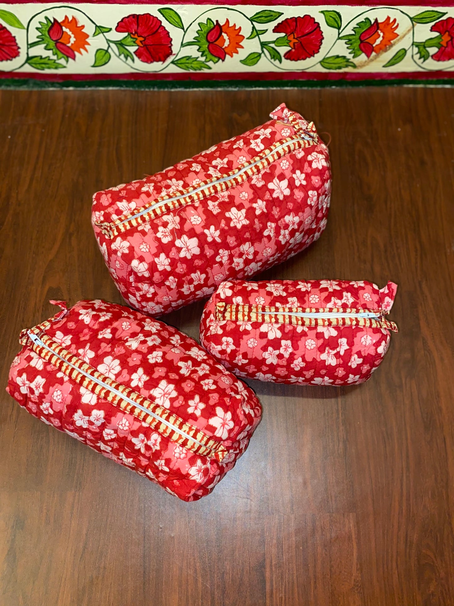 Handblock Quilted Travel Pouches- Set of 3