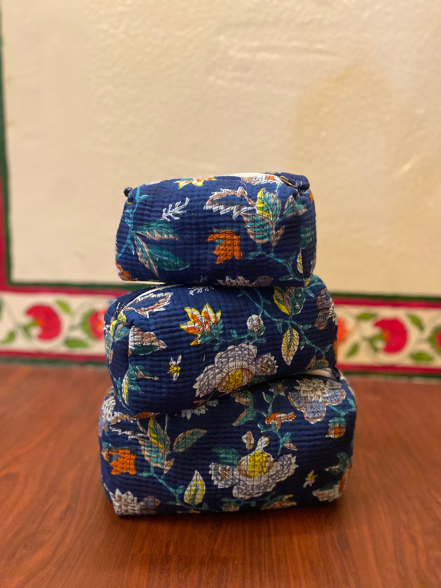 Handblock Quilted Travel Pouches- Set of 3