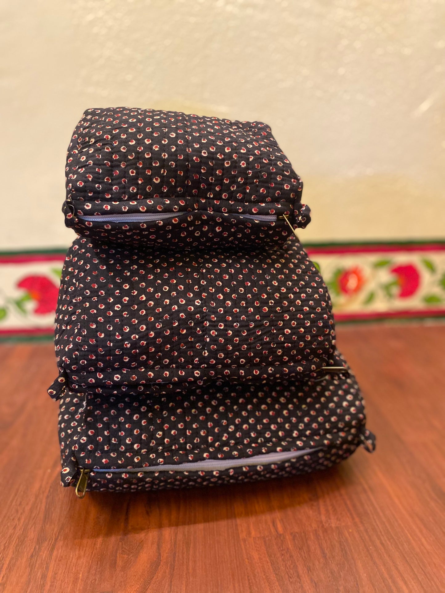 Handblock Quilted Travel Pouches- Set of 3