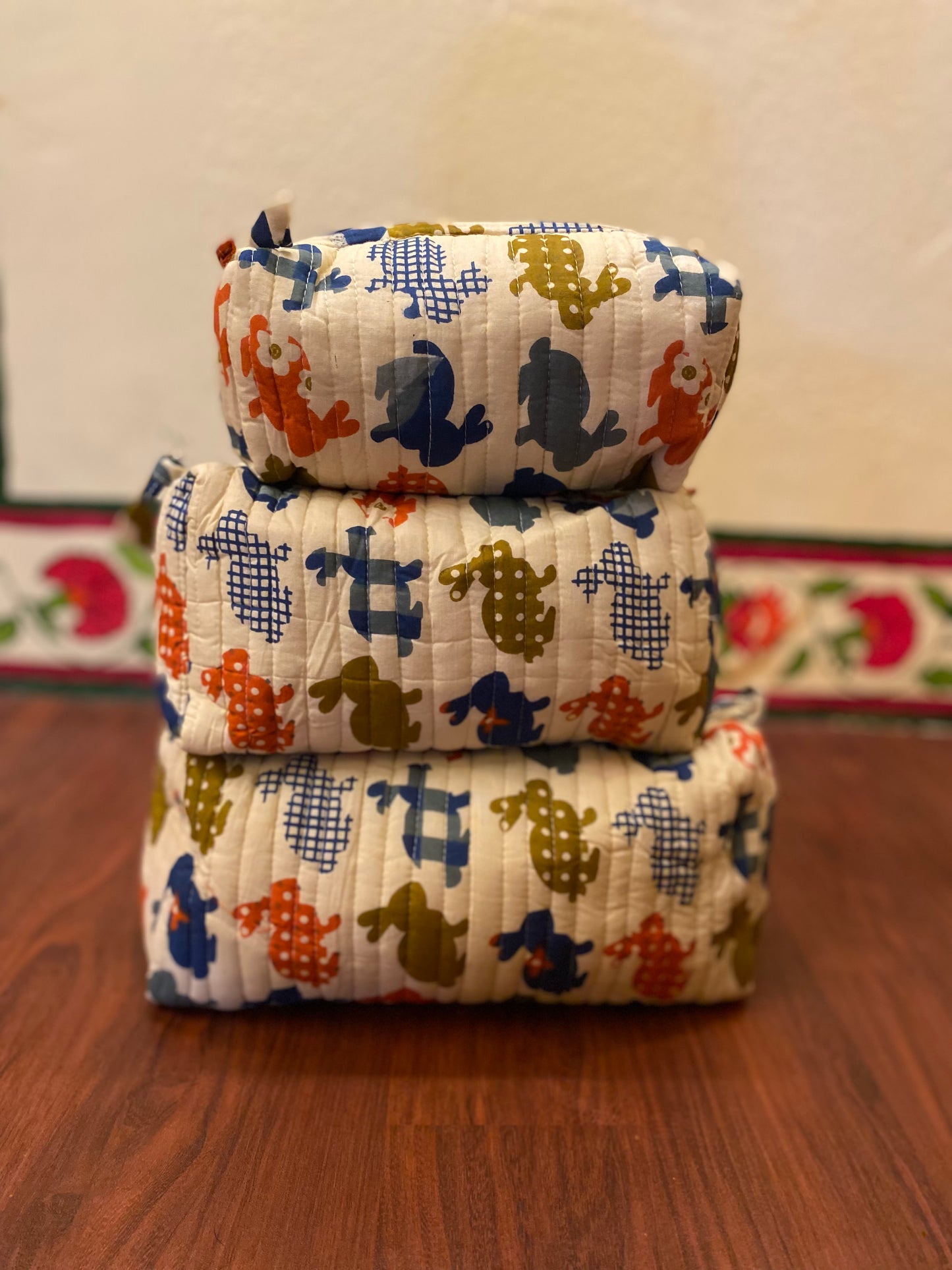 Handblock Quilted Travel Pouches- Set of 3