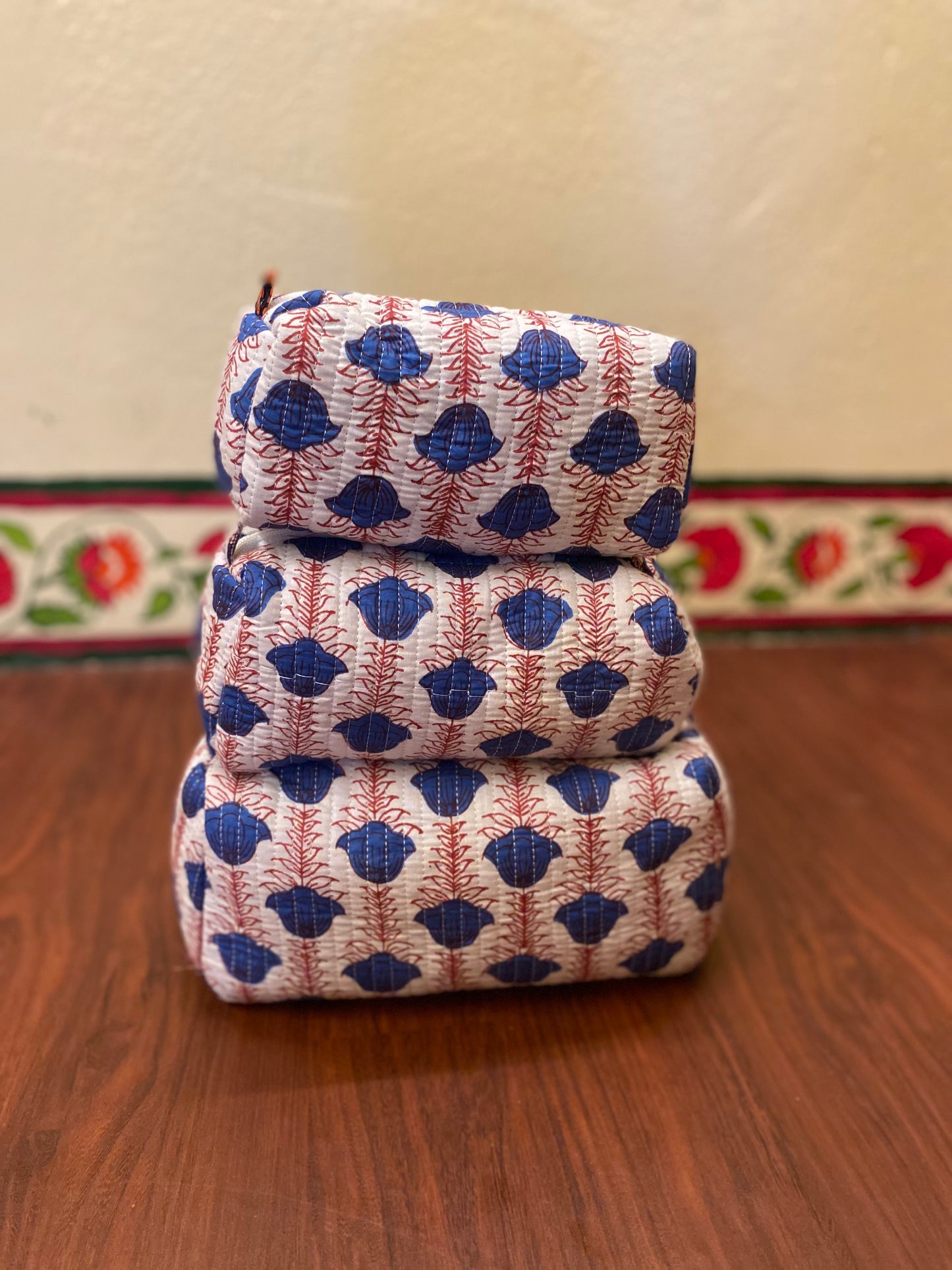 Handblock Quilted Travel Pouches- Set of 3