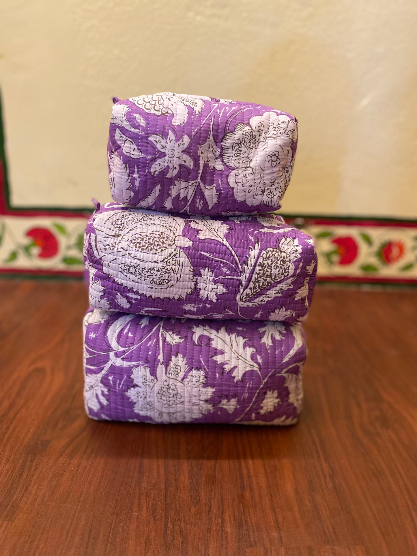 Handblock Quilted Travel Pouches- Set of 3