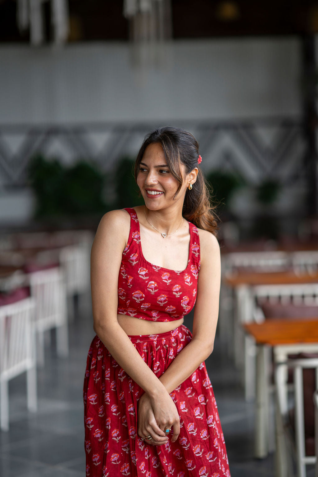 Red Lips Pleated Skirt Set