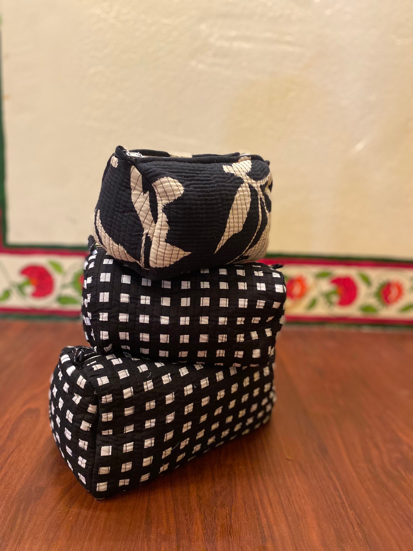 Handblock Quilted Travel Pouches- Set of 3